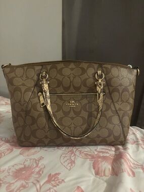 Coach Signature Canvas Tote with Snake-Print Handles in Brown and Tan